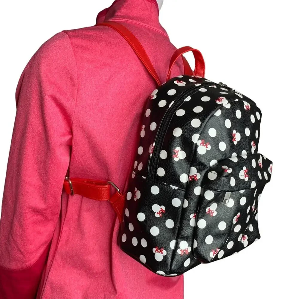 DISNEY Parks Minnie Backpack Black White Polka Dot Red Straps